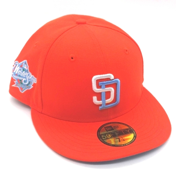 SAN DIEGO PADRES 1998 WORLD SERIES ORANGE ICY BLUE BRIM NEW ERA FITTED HAT 7 1/4 - Picture 1 of 9